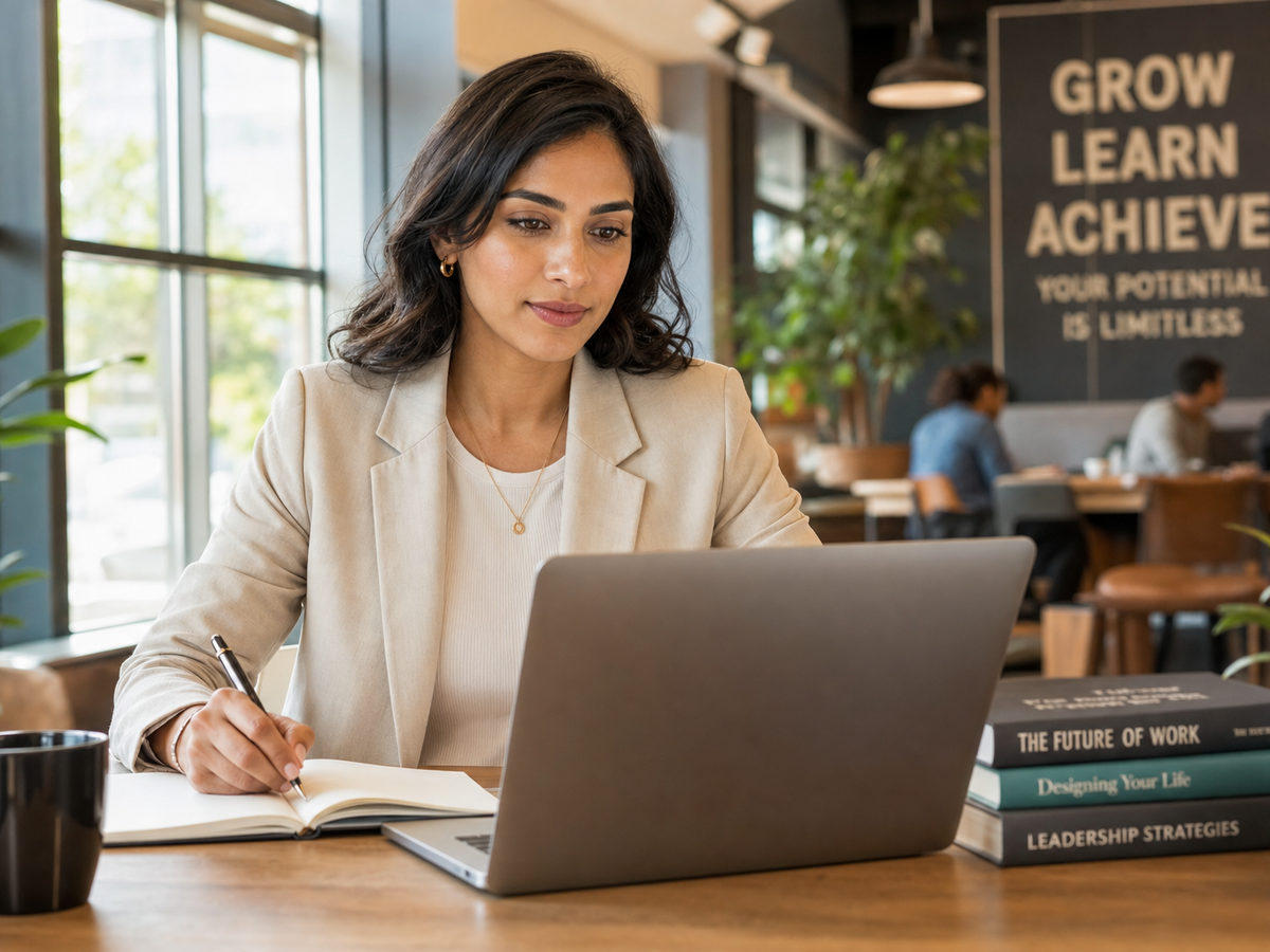 A working professional upskilling on a laptop.