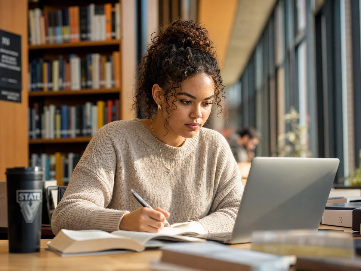 A university student studying with a laptop and notes.