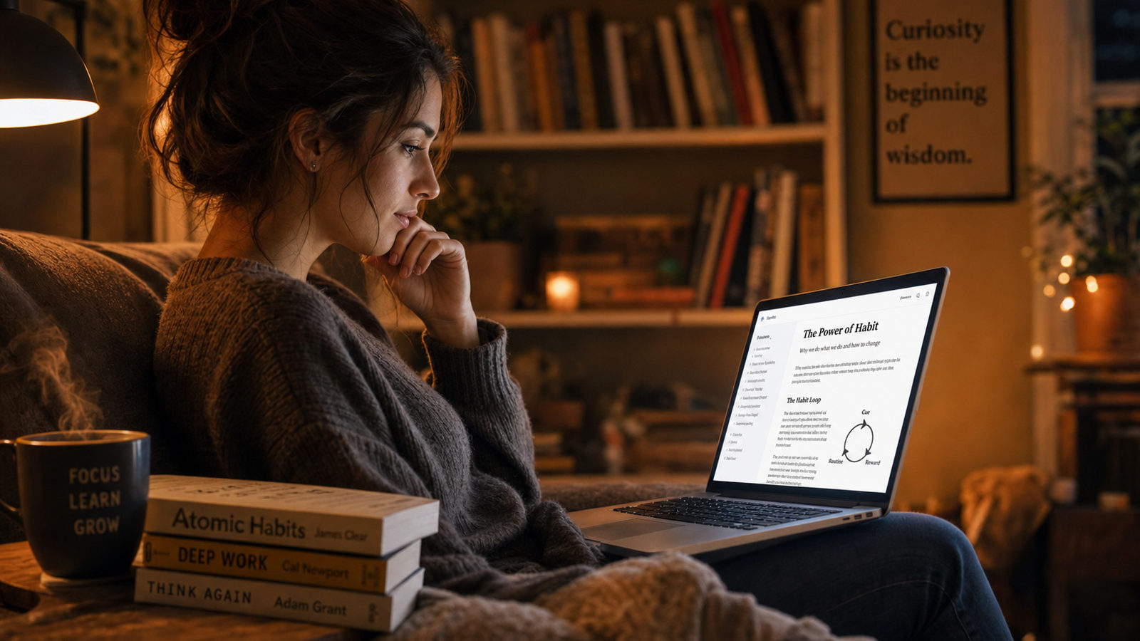 A reader explores educational content on a bright device, inspired and intellectually curious.