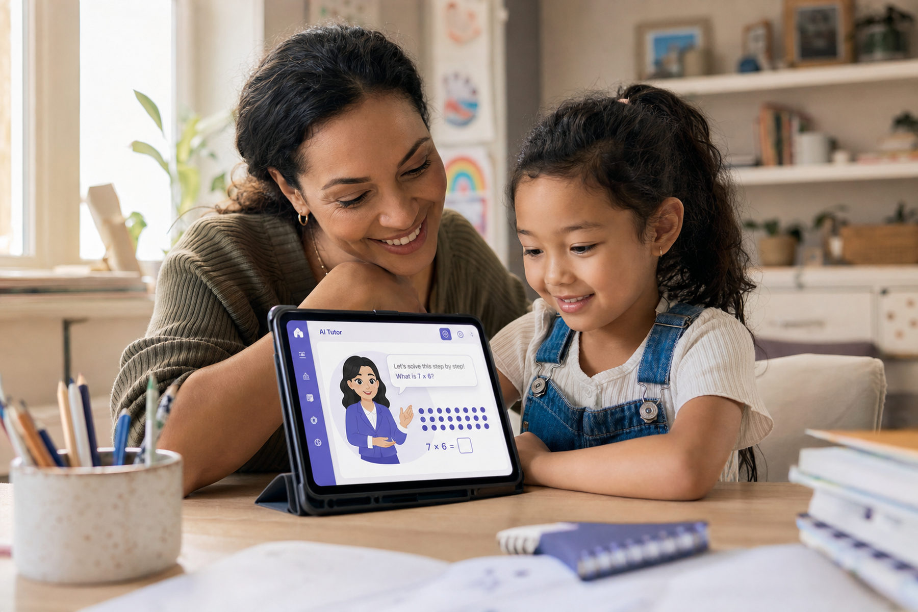 A parent and child learning together at a device.