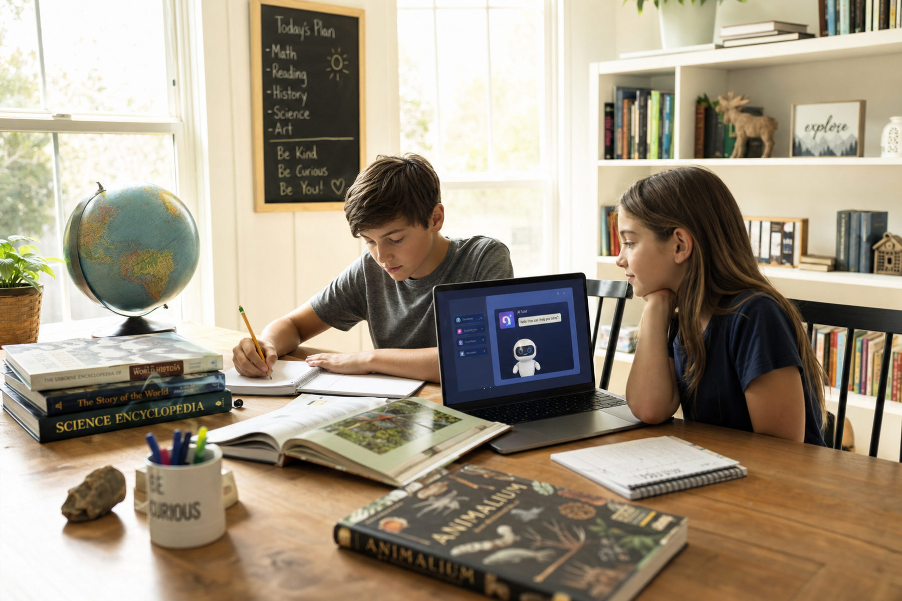 A homeschool learning setup at a kitchen table with a device and materials.