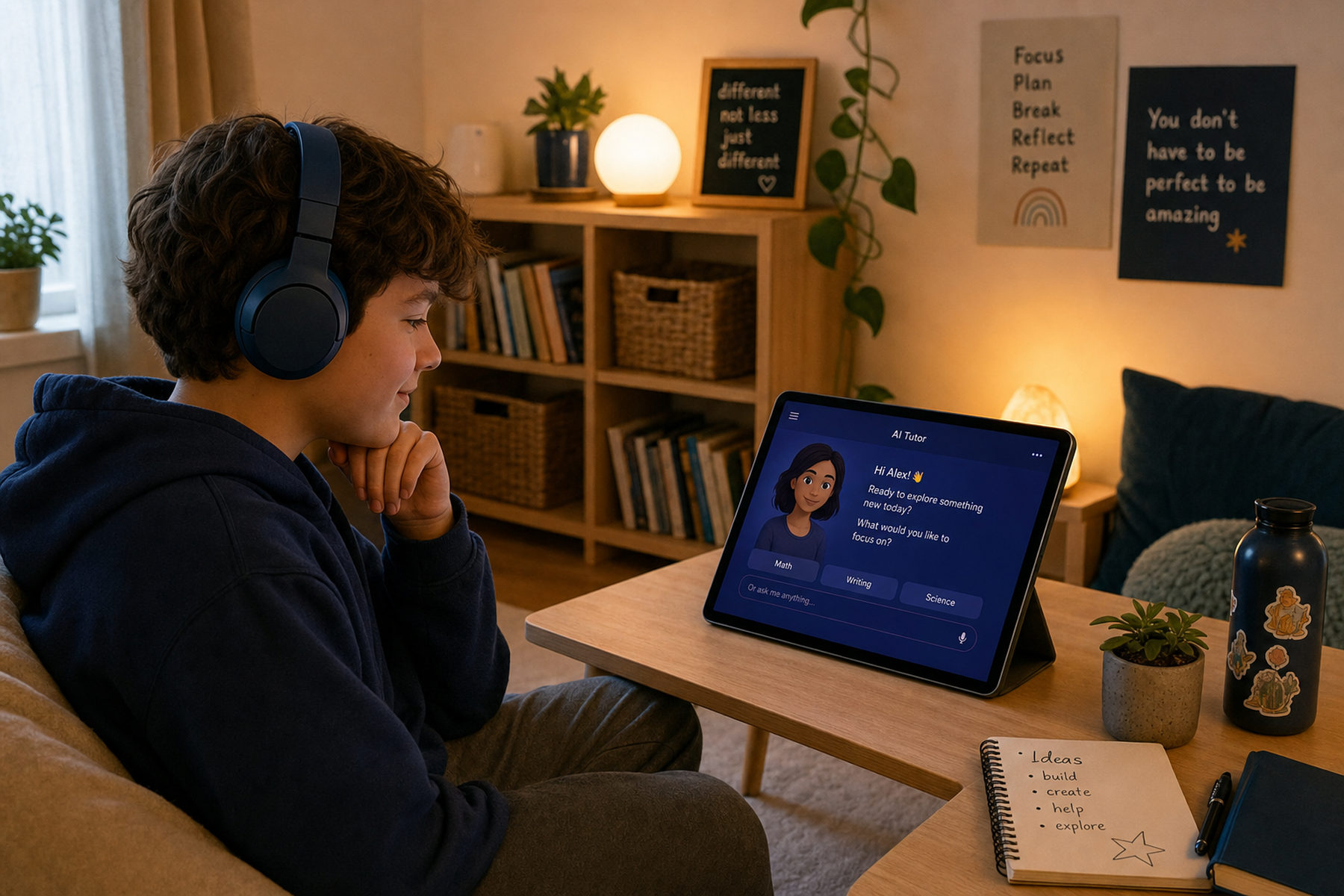 A learner working comfortably in a calm, supportive setting.