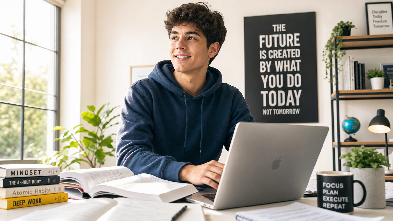 An aspirational student surrounded by open books and a glowing screen, energized and ready to invest in their future.