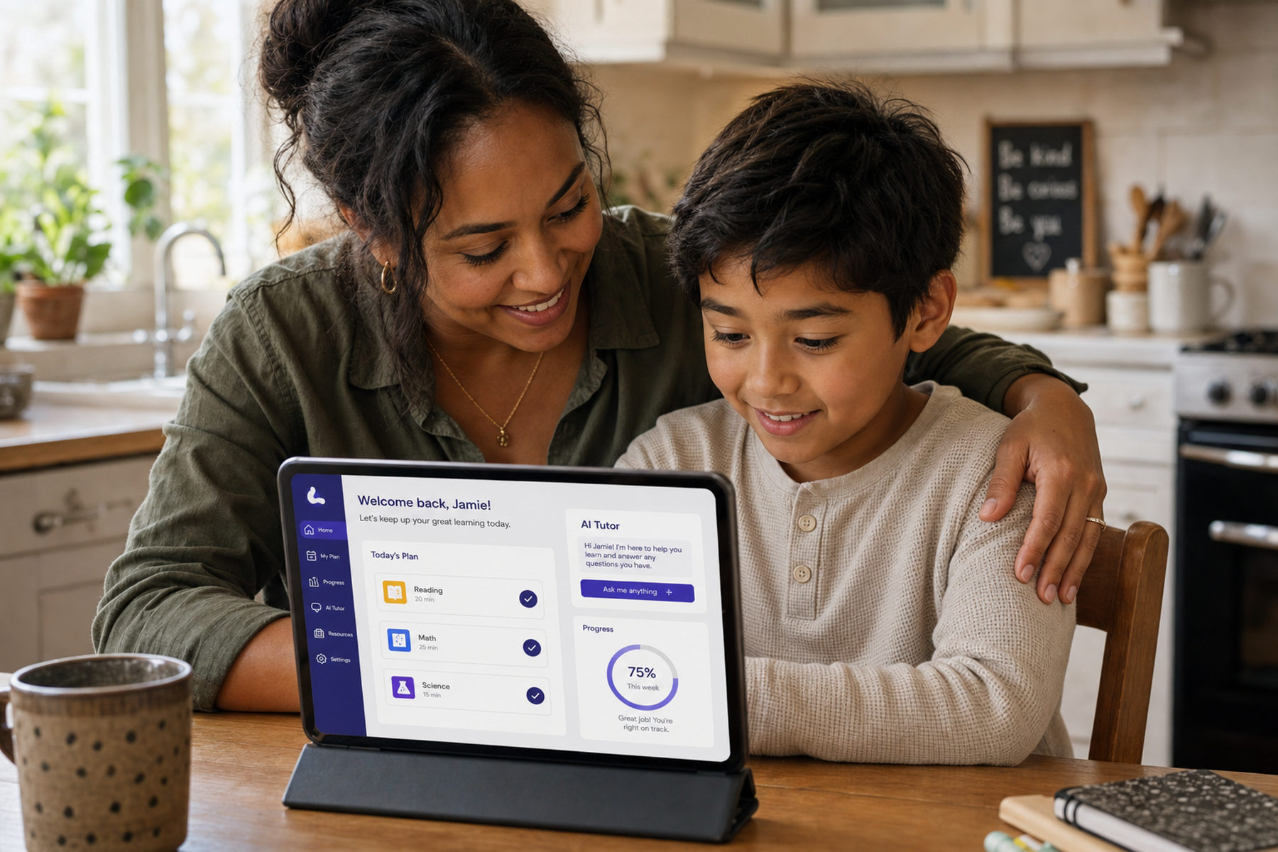 A child using a device at home with a parent nearby.