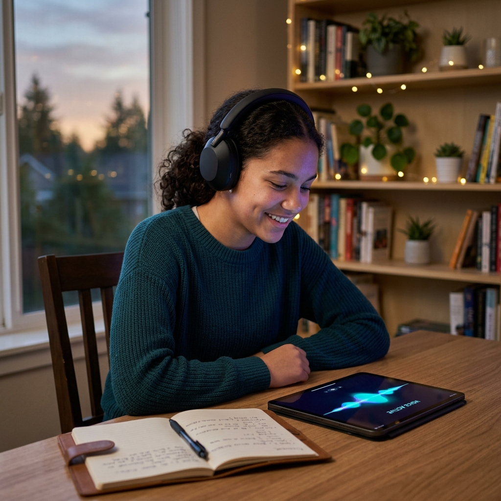 A learner having a spoken tutoring conversation with an AI tutor.